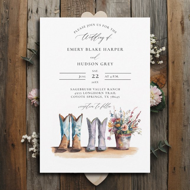 Convite Casamento Russo de Flores Selvagens-Ocidentais (country wedding invitation rustic western barn watercolor cowboy boots wildflowers calligraphy)