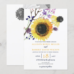 Convite Casamento Russo de Girassol Azul de Marinho de Ág