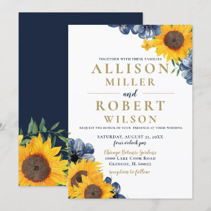 Convite Casamento Russo de Girassol Azul Marinho de Aquare