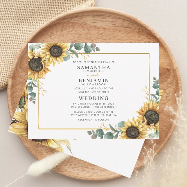 Convite Casamento Russo de Girassol Elegante (Floral Sunflower Eucalyptus Greenery Watercolor Wedding Invitation)