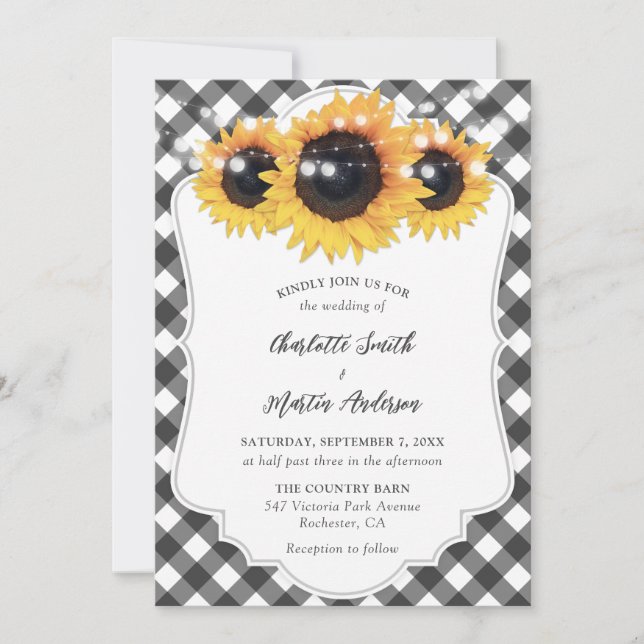 Convite Casamento Russo de Girassol-Negro e Branco (Frente)