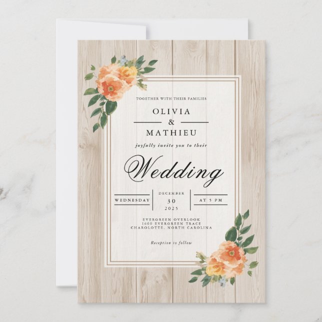Convite Casamento Russo de Madeira Peach Blossom (Frente)