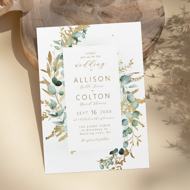 Convite Casamento russo de ouro eucalipto verde boho (Rustic eucalyptus gold greenery boho wedding invitation)