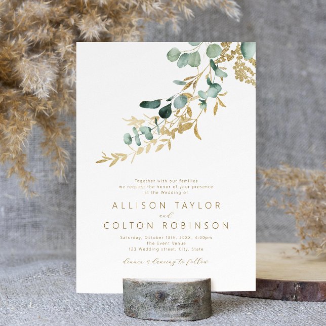 Convite Casamento russo de ouro eucalipto verde boho (Rustic eucalyptus gold greenery boho wedding invitation)