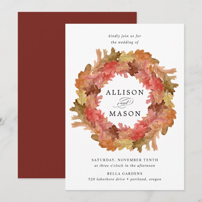 Convite Casamento Russo de Outono Cai Fall Wreath (Frente/Verso)