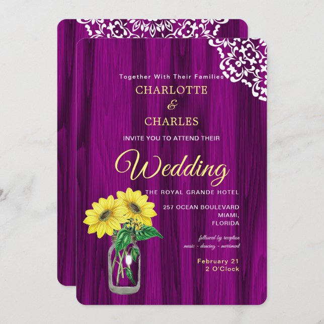 Convite Casamento Russo de Sunflower Mason Jar (Frente/Verso)