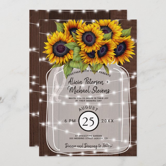 Convite Casamento russo do celeiro de madeira girassol (Frente/Verso)