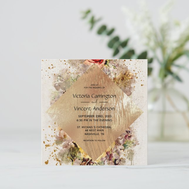 Convite Casamento Russo Dourado Elegante De Aquarela Flora (Em pé/Frente)