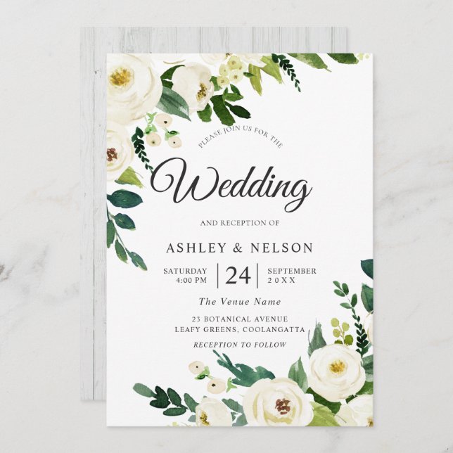 Convite Casamento Russo Elegante das Flores Brancas de Cha (Frente/Verso)