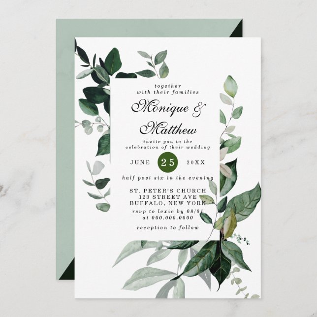 Convite Casamento Russo Elegante Eucalyptus Greenery Airy (Frente/Verso)