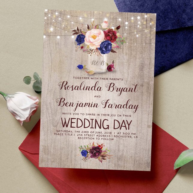 Convite Casamento Russo Floral Azul Marinho Blush (Floral Mason Jar Fall Wedding Rustic Invitations)