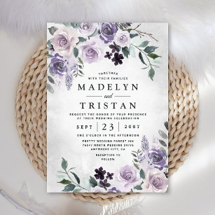 Convite Casamento Russo Floral de Dusty Purple e Cinzas Pr