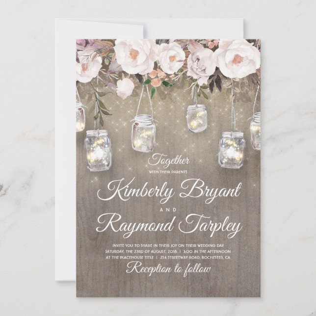 Convite Casamento Russo Floral de Mason Jar Lights (Frente)