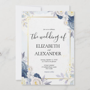 Convite Casamento Russo Floral Dourado e Azul