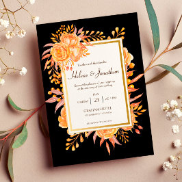 Convite Casamento Russo Floral Elegante Negro Terracotta