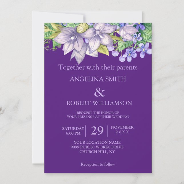 Convite Casamento Russo Floral Puro-Roxo-Da-Aquarela (Frente)