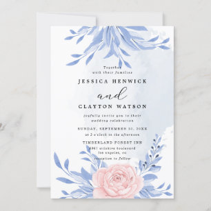 Convite Casamento Russo Floral Rosa-Rosa-Elegante Azul-Dus