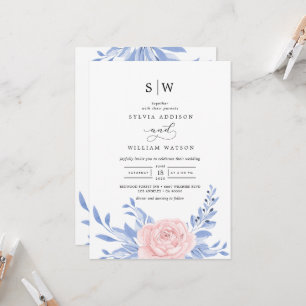 Convite Casamento Russo Floral Rosa-Rosa-Elegante Azul-Dus