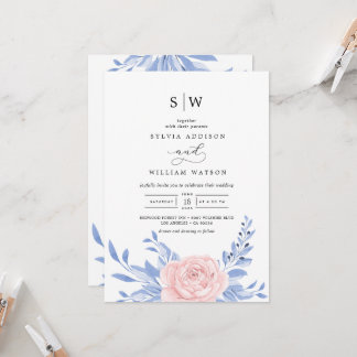 Convite Casamento Russo Floral Rosa-Rosa-Elegante Azul-Dus