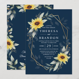 Convite Casamento Russo Geométrico de Girassol e Marinho
