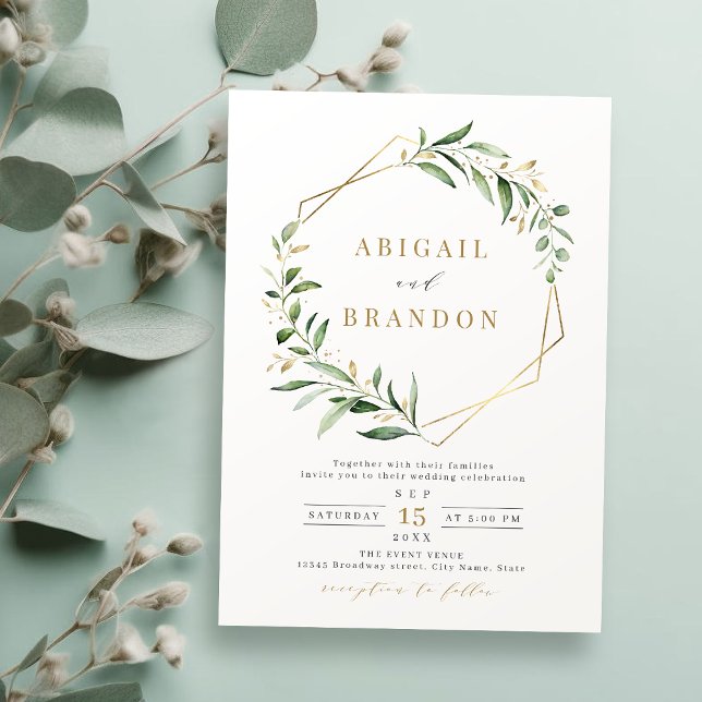 Convite Casamento Russo Geométrico Dourado do Verde Modern (Modern Greenery Gold Geometric Rustic Wedding Invitation)