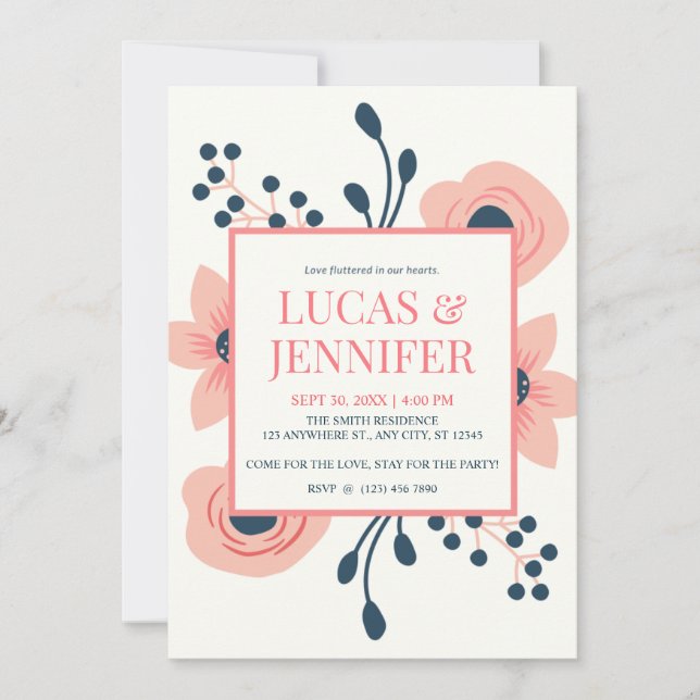 Convite Casamento Russo Peach Cream e Flores Azuis (Frente)