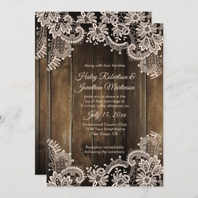 Convite Casamento Rustic Antique Lace and Barn Wood (Frente/Verso)
