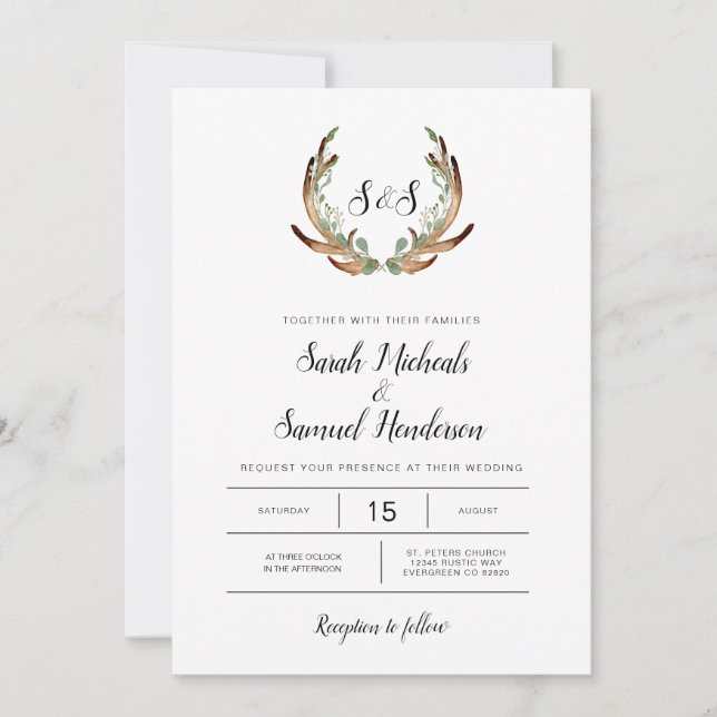 Convite Casamento Rustic Antler & Dark Greenery Watercolor (Frente)