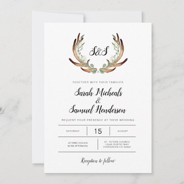Convite Casamento Rustic Antler & Greenery Watercolor (Frente)