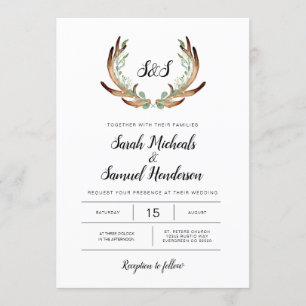 Convite Casamento Rustic Antler & Greenery Watercolor