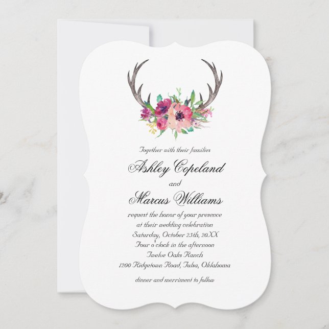 Convite Casamento Rustic Antlers Boho Floral Allure (Frente)