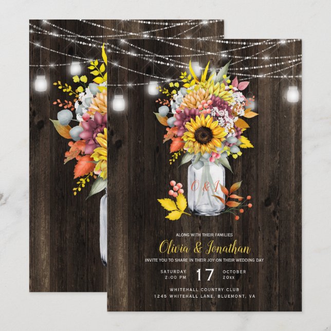 Convite Casamento Rustic Autumn Floral Mason Jar Barn Wood (Frente/Verso)