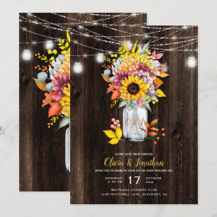 Convite Casamento Rustic Autumn Floral Mason Jar Barn Wood