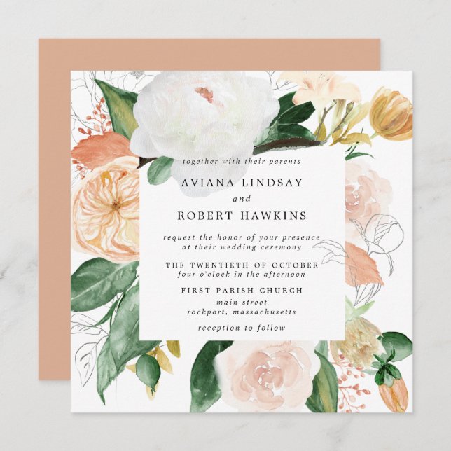 Convite Casamento Rustic Autumn Floral Watercolor (Frente/Verso)