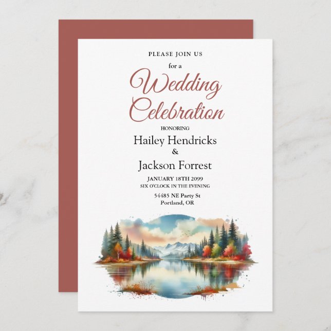 Convite Casamento Rustic Autumn Lakeside Forest (Frente/Verso)