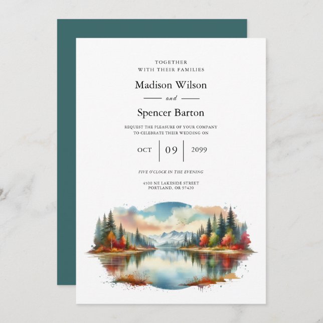 Convite Casamento Rustic Autumn Lakeside Forest (Frente/Verso)