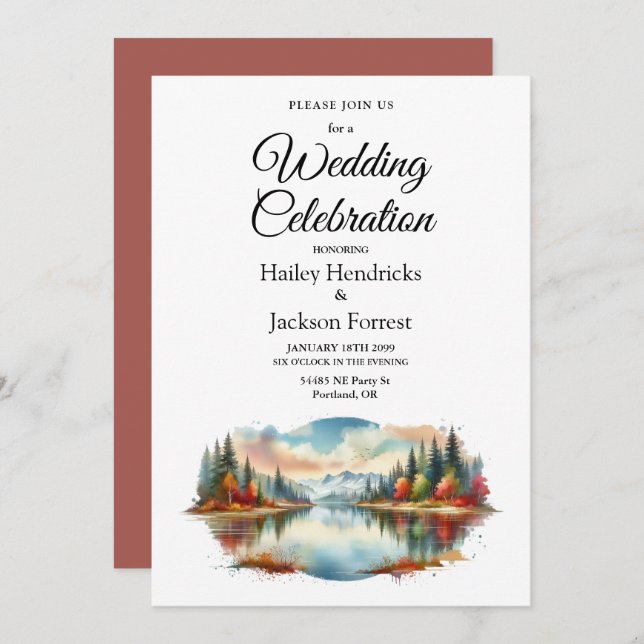 Convite Casamento Rustic Autumn Lakeside Forest (Frente/Verso)