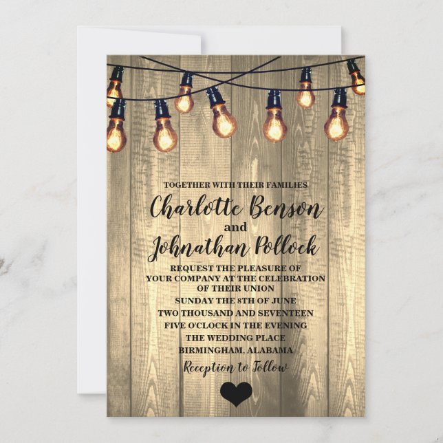 Convite Casamento Rustic Barn Wood & Edison Bulbs (Frente)