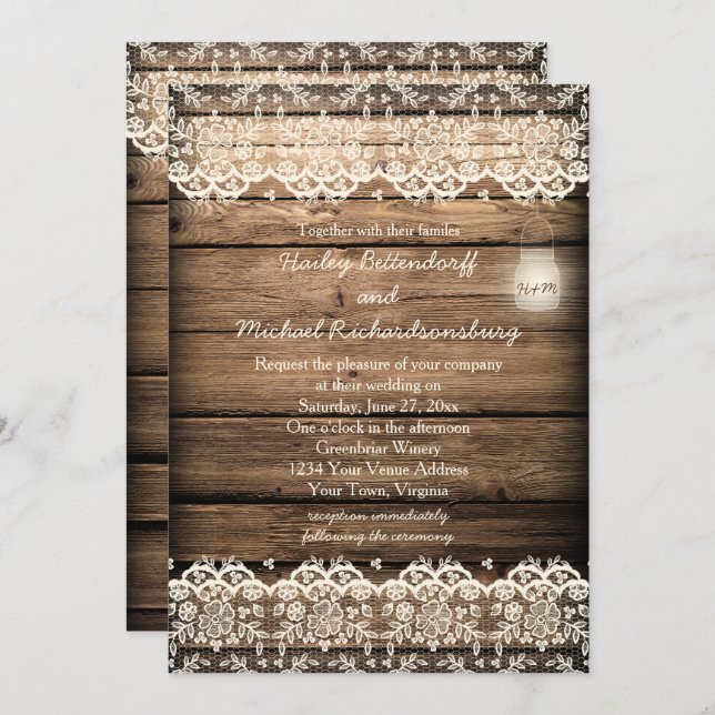 Convite Casamento Rustic Barn Wood Lace Mason Jar (Frente/Verso)