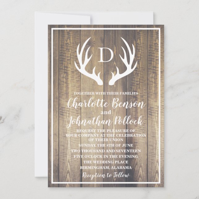 Convite Casamento Rustic Barn Wood & White Deer Antlers (Frente)