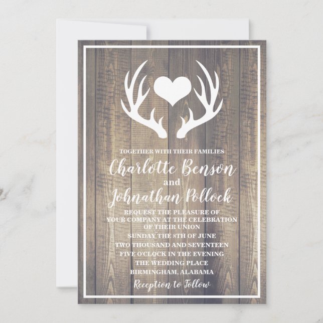 Convite Casamento Rustic Barn Wood & White Deer Antlers (Frente)