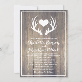 Convite Casamento Rustic Barn Wood & White Deer Antlers