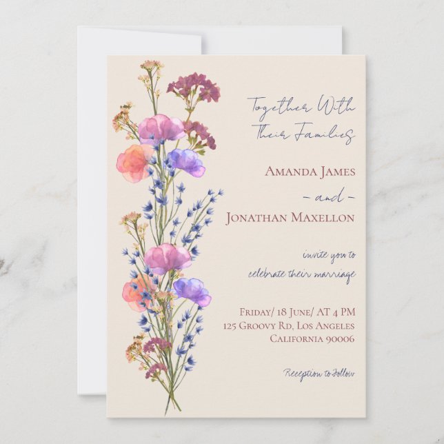 Convite Casamento Rustic Beige Acrylic Floral Buquê (Frente)