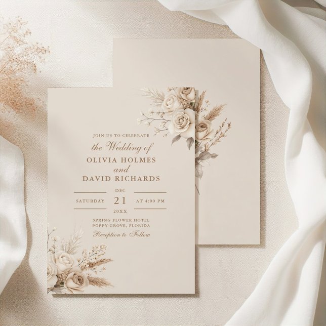 Convite Casamento Rustic Beige Dried Flower & White Roses (Rustic Beige Dried Flower & White Roses Wedding Invitation on an elegant silky tablecloth.)