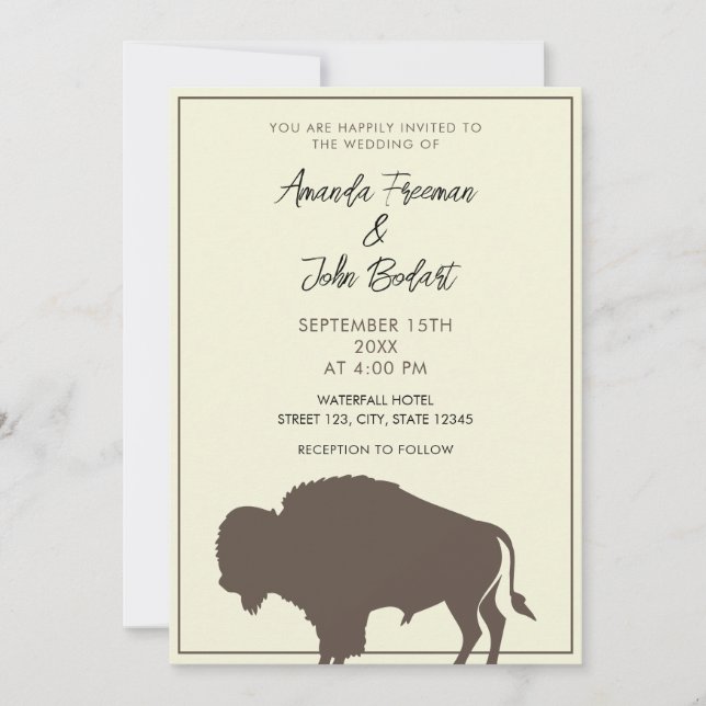 Convite Casamento Rustic Beige e Brown Buffalo Bison (Frente)