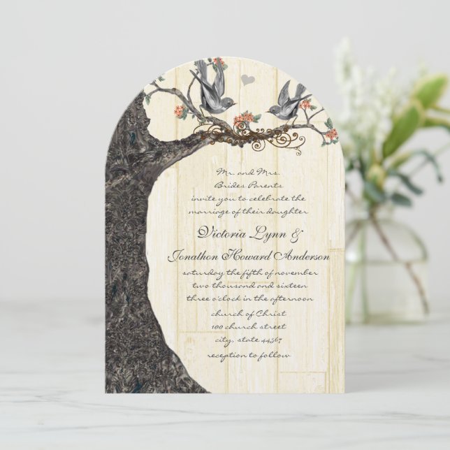 Convite Casamento Rustic Birdcage Peach Vintage Lovebird (Em pé/Frente)