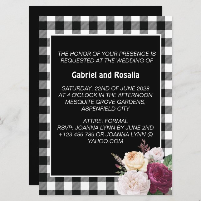 Convite Casamento Rustic Black and White Buffalo Check (Frente/Verso)