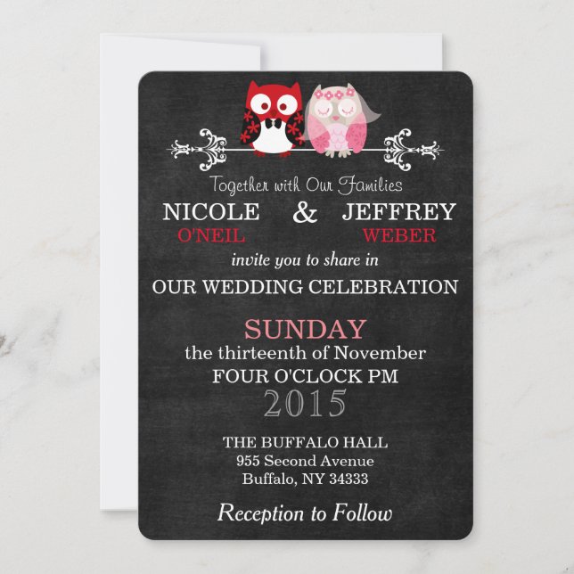 Convite Casamento Rustic Black Chalkboard Owl Node Groom (Frente)