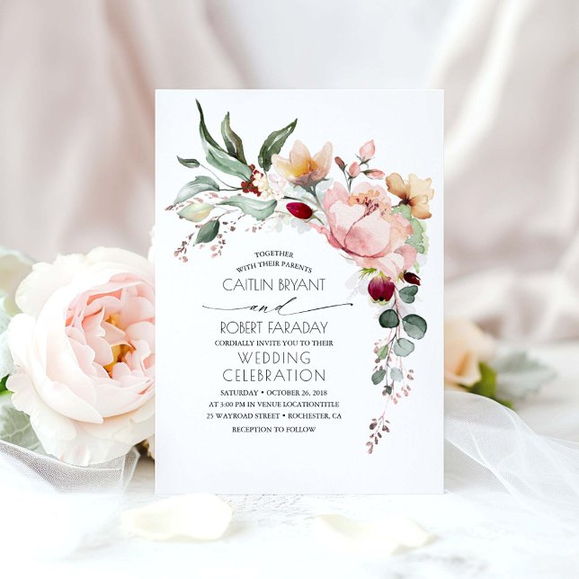 Convite Casamento Rustic Bloom e Faux Rosa Gold Foil (Watercolor Flowers Rose Gold Foliage Wedding Invitation)