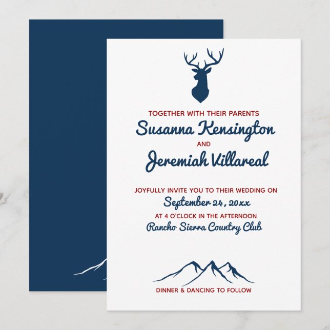 Convite Casamento Rustic Blue and Red Deer Country Mountai (Frente/Verso)